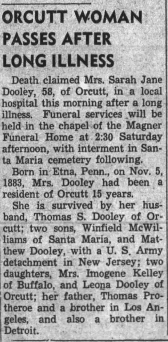Sarah Jane (Protheroe) Dooley's obit